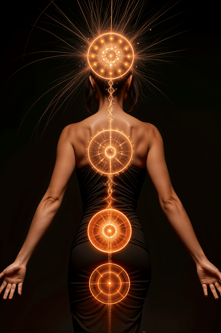Spirals of energy glowing on the back of a woman