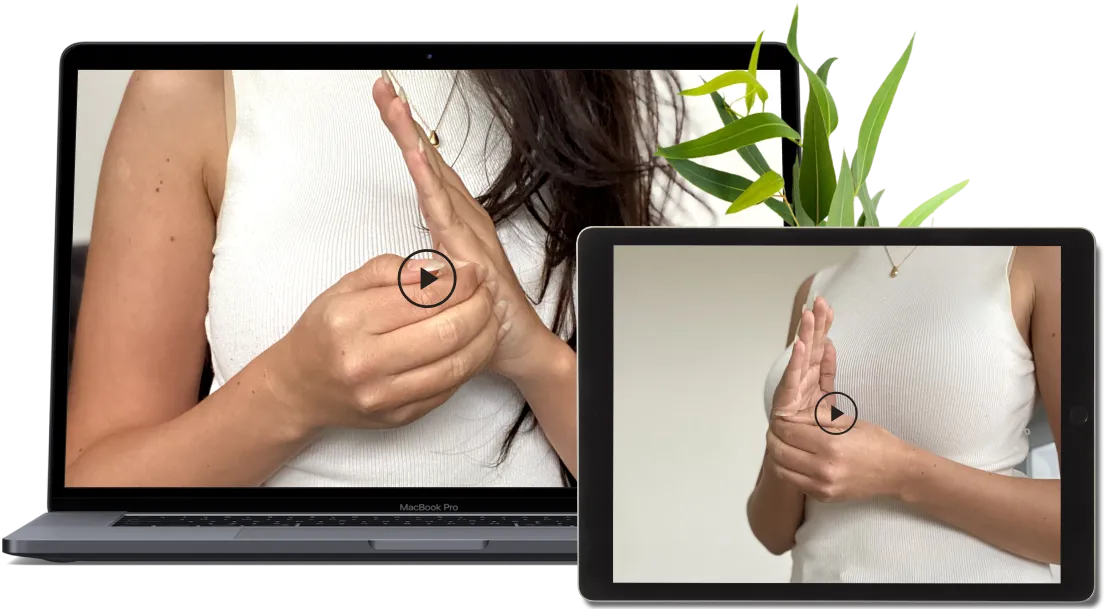 Laptop and iPad showing an image of a woman tapping on the side of her hand.