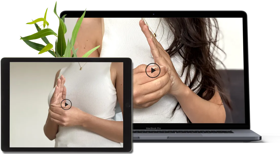 Laptop and iPad showing an image of a woman tapping on the side of her hand.