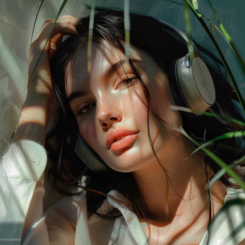 Woman listening to a tapping meditation. AI generated image.