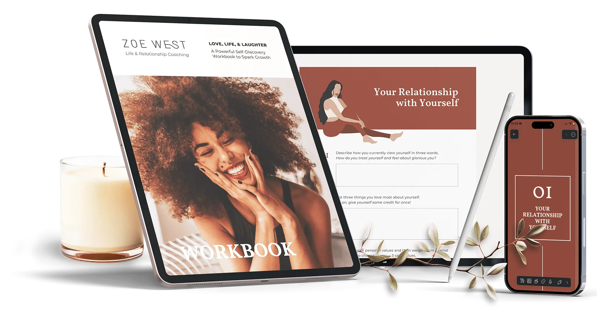 Self-discovery workbook by Zoe West Coaching, displayed on different devices.